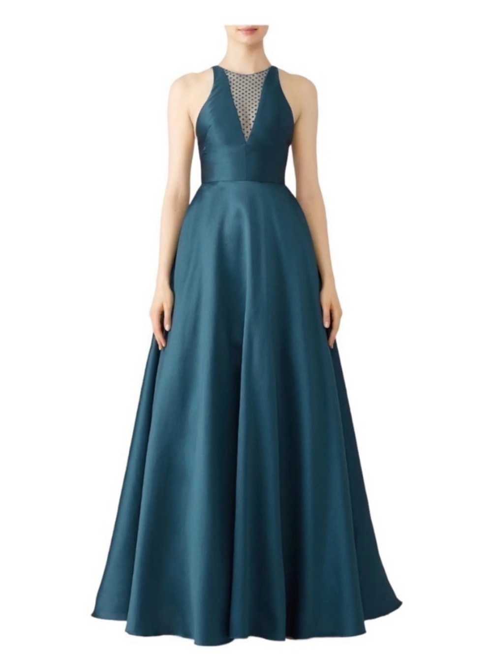 Monique Lhuillier Teal Blue Taffeta Mesh Pleated Maxi Gown| 2